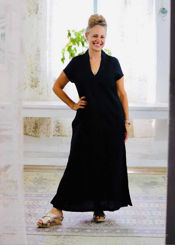 שמלת גלביה לנצח | שרוול קצר | פשתן שחור